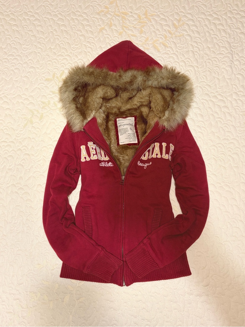 Aeropostale Women's Burgundy Hooded Bomber Jacket with Faux Fur Trim